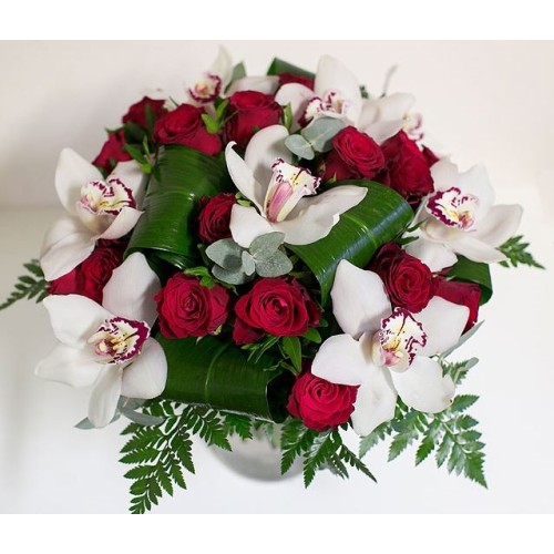 Luxury orchid bouquet with red roses L